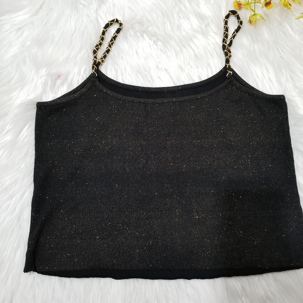 Black Cable & Gauge Top with Gold Glitter and Gold Chain Straps, SIZE L. - Picture 7 of 15